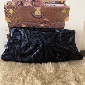 LAUREN MERKIN Designer dark blue suede Clutch Handbag Elegant Black Clutch Bag